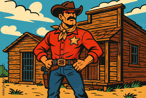 Tall illustration vector rustic badge front standing wooden jail sheriff shiny