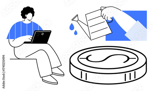 Man working on laptop, watering can pouring droplets onto coin, representing financial growth, saving, and investment. Ideal for wealth management, finance, productivity, success personal growth