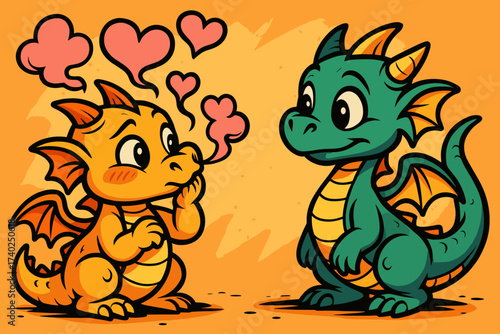 Small dragon smoke hearts shy illustration shyly while vector baby looking
