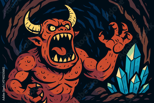 Cave dark roaring beast horned illustration loudly glowing monster vector crystals scary