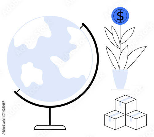 Globe representing worldwide reach, money plant symbolizing financial growth, and shipping boxes for trade. Ideal for business, investment, sustainability, trade, growth, global economy logistics