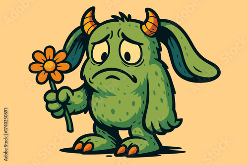 Drooping offering flower holding monster ears peace shy vector s illustration