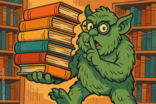 Balancing monster stack librarian vector spectacles illustration while giant shushing