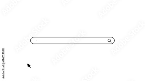 Animation of a cursor clicking a search bar and typing a query on a minimalist white background, online browsing, data retrieval, web navigation, or UI element.