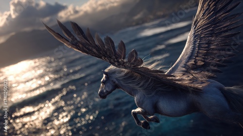Majestic winged horse soaring over shimmering ocean waves at sunset, embodying freedom and mythic adventure.