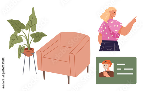 Woman gesturing alongside modern armchair, leafy indoor plant, and ID card layout. Ideal for identity, teamwork, casual lifestyle, interior, design diversity or guidance. Simple flat metaphor