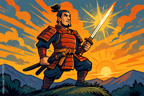 Standing samurai glowing vector noble katana sunrise under illustration proudly hilltop