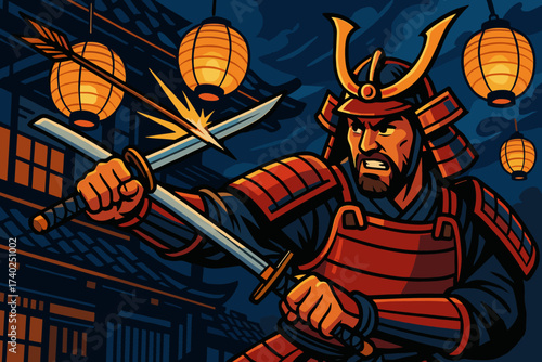Illustration under samurai deflects his vector glowing lanterns heroic arrow sword