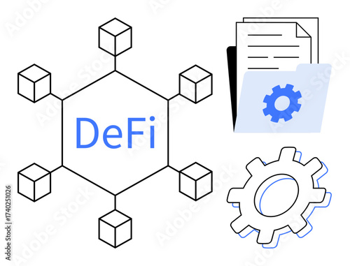 Hexagonal blockchain network labeled DeFi, surrounded by cubes. Gear symbol next to digital document folder. Ideal for finance, blockchain, innovation, technology, workflow, accountability simple