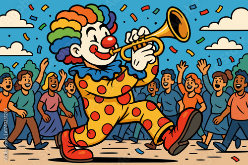 Vector while clown trumpeter hair playing parade rainbow illustration trumpet marching