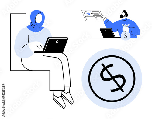 Woman working on laptop, person collecting payment with sack, dollar icon emphasizing earnings and online income. Ideal for freelancing, finance, remote work, e-commerce, digital payment, business