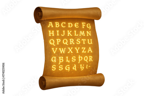 Parchment scroll displaying glowing magic alphabet letters