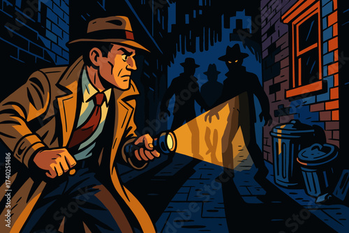 Dark while ahead alley detective flashlight loom vector figures holding illustration