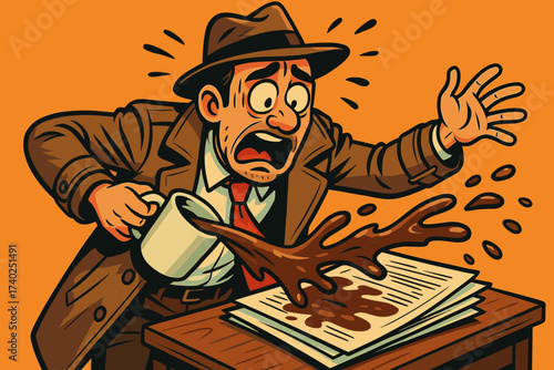 Vector chaos illustration coffee spilling looking horrified detective important while clumsy
