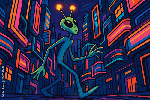 Lanky exploring filled neon glowing vector city alien futuristic illustration
