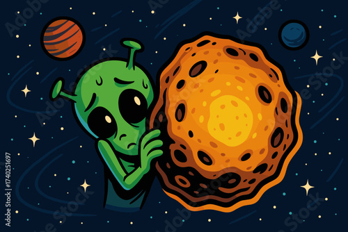 Peeking from behind alien vector glowing deep peek floating illustration shy