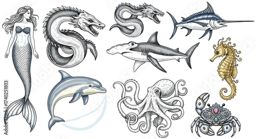 Collection of illustrated sea creatures including a mermaid and sea monsters