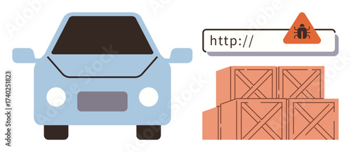 Car next to stacked wooden crates and URL with malware warning. Ideal for cybersecurity, supply chain, technology risk, logistics management, transportation safety, IT alert, simple flat metaphor