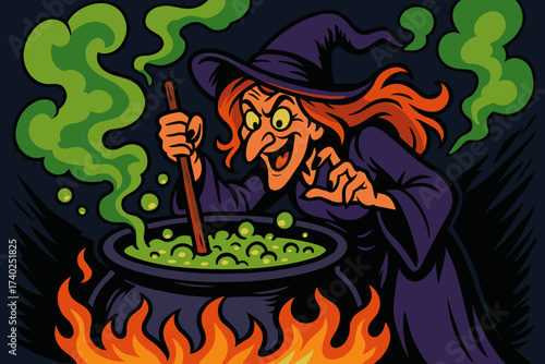 Illustration mischievous green witch cauldron brewing rising vector smoke potion