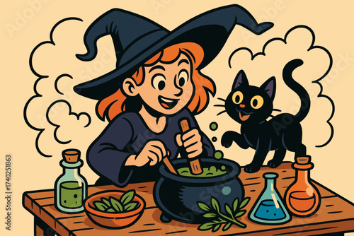 Young companion herbs adventure crafting cat playful potions illustration mixing witch vector