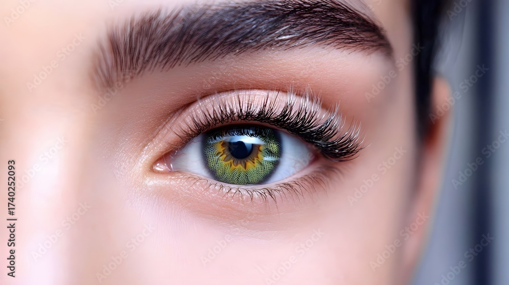 Fototapeta premium Closeup Green Eye with Long Eyelashes Makeup Beauty Shot