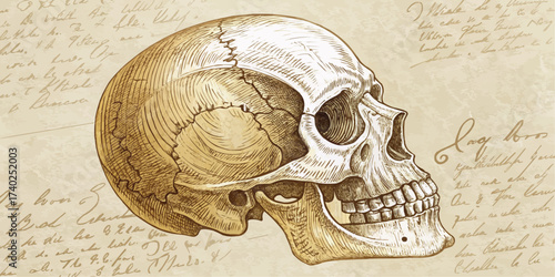 Anatomical illustration of a human skull in profile view with handwritten text in the background art style