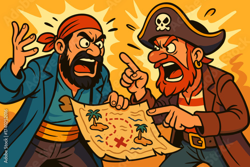Treasure loudly exaggerated arguing over illustration pirate vector argument gestures duo map