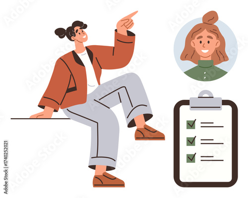 Woman sitting and pointing upward, next to profile portrait and completed checklist. Ideal for teamwork, goal setting, task management, productivity, self-growth, organization mentoring. Simple flat
