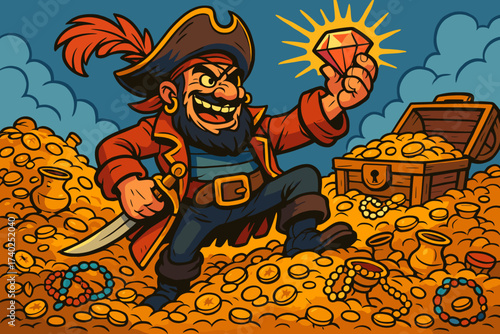 Pirate illustration vector treasure glowing while sneering triumphant piles jewel holding