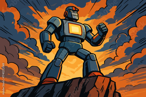 Chest vector glowing behind panel illustration sky cliff stands heroic robot