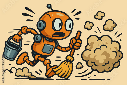 Cloud robot s frantically dust vector broom illustration chasing cleaning bucket