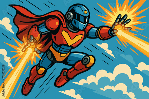 Energy robot hands from beams illustration soaring through flying shooting superhero vector