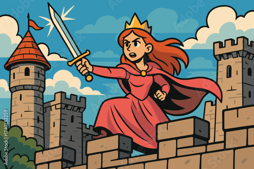Princess simple defender castle her illustration to standing brave holding vector walls