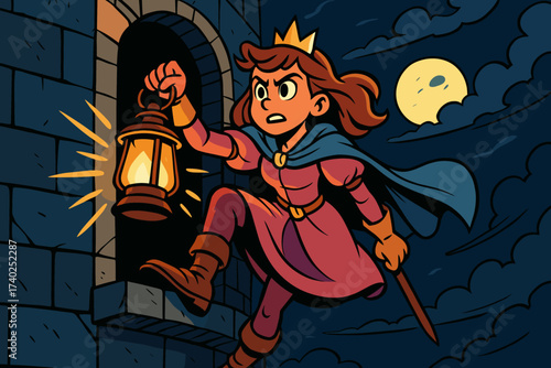 Climbing hand window vector glowing illustration princess tower determination adventurous