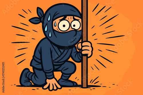 Nervously hiding pole nervous visible silly thin sweating ninja illustration clearly vector