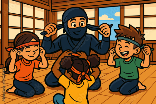 Teaching kids lesson tie ninja dojo bandana group how vector illustration friendly