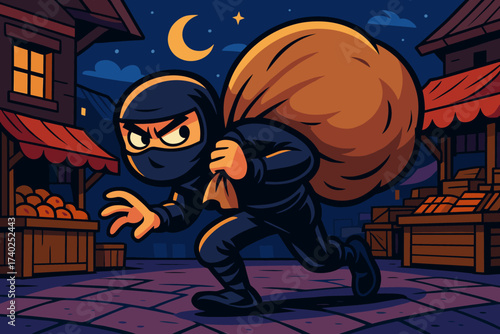 Sneaky illustration marketplace ninja simple tiptoeing loot oversized night vector bag market