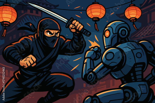 Battling under fierce illustration robot robotic vector uniform glowing vs lanterns ninja