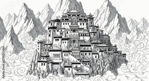 Serene Himalayan Monastery Nestled Among Mountains and Clouds Ink Drawing