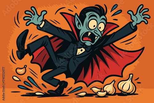 Panicked vampire slipping spilled vector illustration cloves slip garlic goofy expression