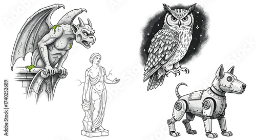 Mythical Creatures and Steampunk Dog in Detailed Black and White Illustration