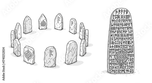 Ancient Rune Stones: A mystic circle and inscribed tablet illustration.