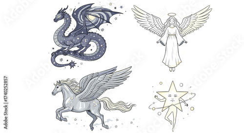 Celestial Wonders: Dragon, Angel, Pegasus, and Star Character Artwork