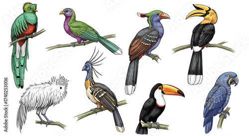 Colorful Tropical Bird Illustration Collection of Exotic Species Perched