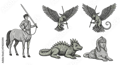 Mythical creature compilation: fantastic beings of legend and folklore illustration