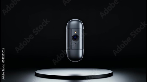 Visualization of a compact camera shows its casing, circuit board, battery, lens, and internal modules assembling into a complete device above a black platform