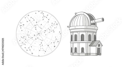 Observatory Illustration with Constellation Chart on White Background