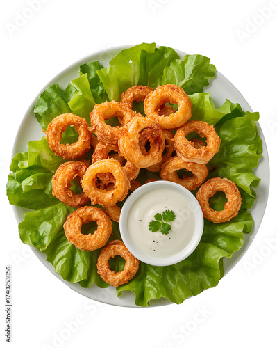 Golden fried onion rings with dipping sauce on lettuce isolated on a transparent background 1