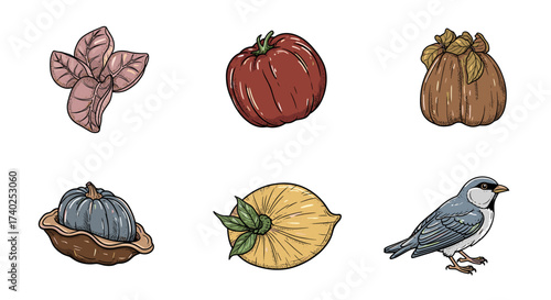 Illustrated Still Life with Autumnal Vegetables and a Gray Bird
