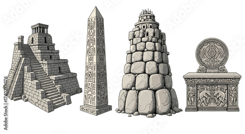 Historical stone monuments line up in this artistic rendering